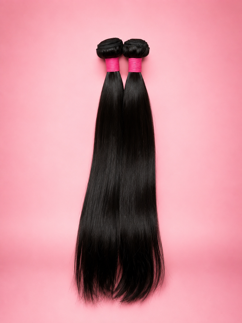 Virgin hair bundles styled straight, studio shot